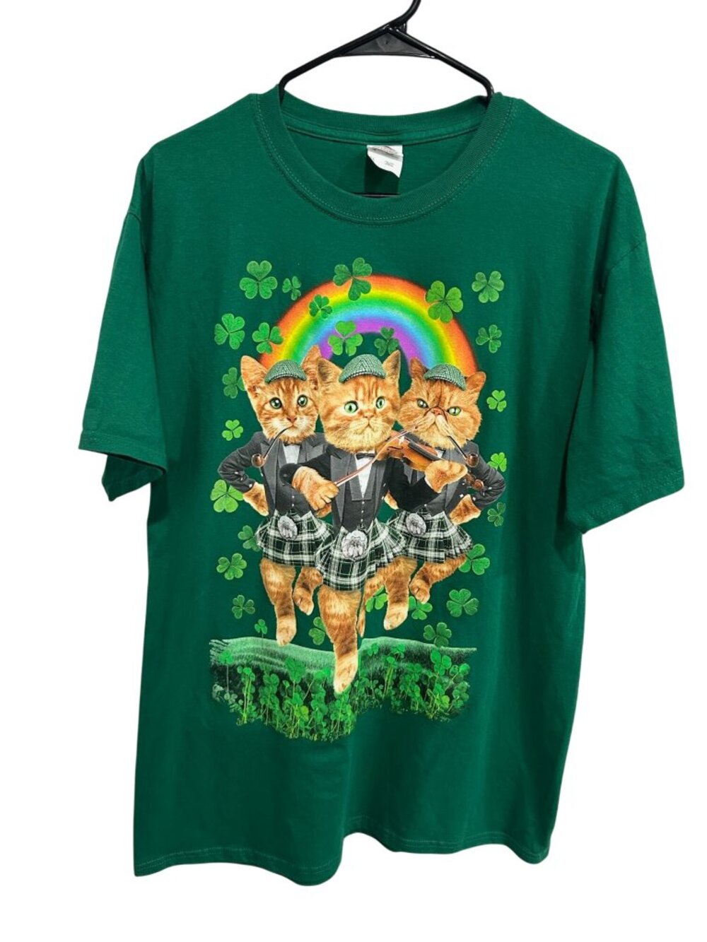 Fruit Of The Loom Large Irish Cat Band Green Graphic T-Shirt Kitschy 80s Retro